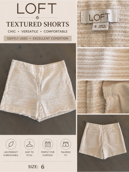 LOFT Pants - LOFT High-Waist Textured Shorts in Beige/Cream